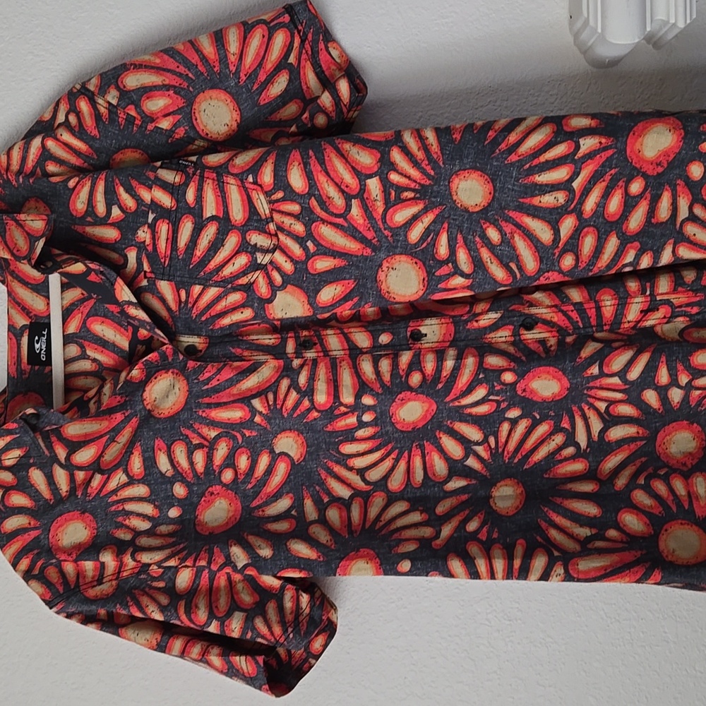 Oneill Mens Floral Orange and Gray Button Shirt size XL
